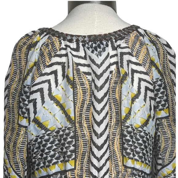 Hale Bob Black /White / Yellow Animal Print 100% Silk Beaded V Neckine Blouse Sm - Picture 13 of 16